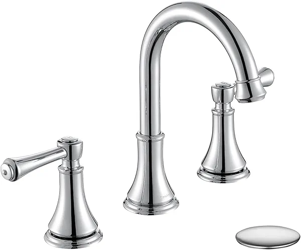 TimeArrow Chrome Two Handle 8 inch Widespread Bathroom Sink Faucet 3 Holes with Pop-Up Drain, High Arc Modern Bathroom Vanity Faucet with Brass 360° Swivel Spout,TAF830Y-CP