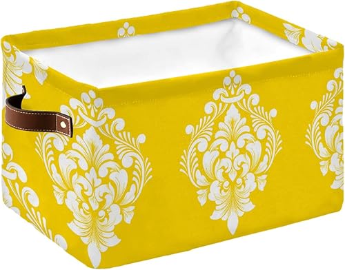 Yellow Paisley Storage Basket for Organizing Shelves, Collapsible Storage Bins Boxes with Handle, Luxurious Modern White Abstract Art Aesthetics
