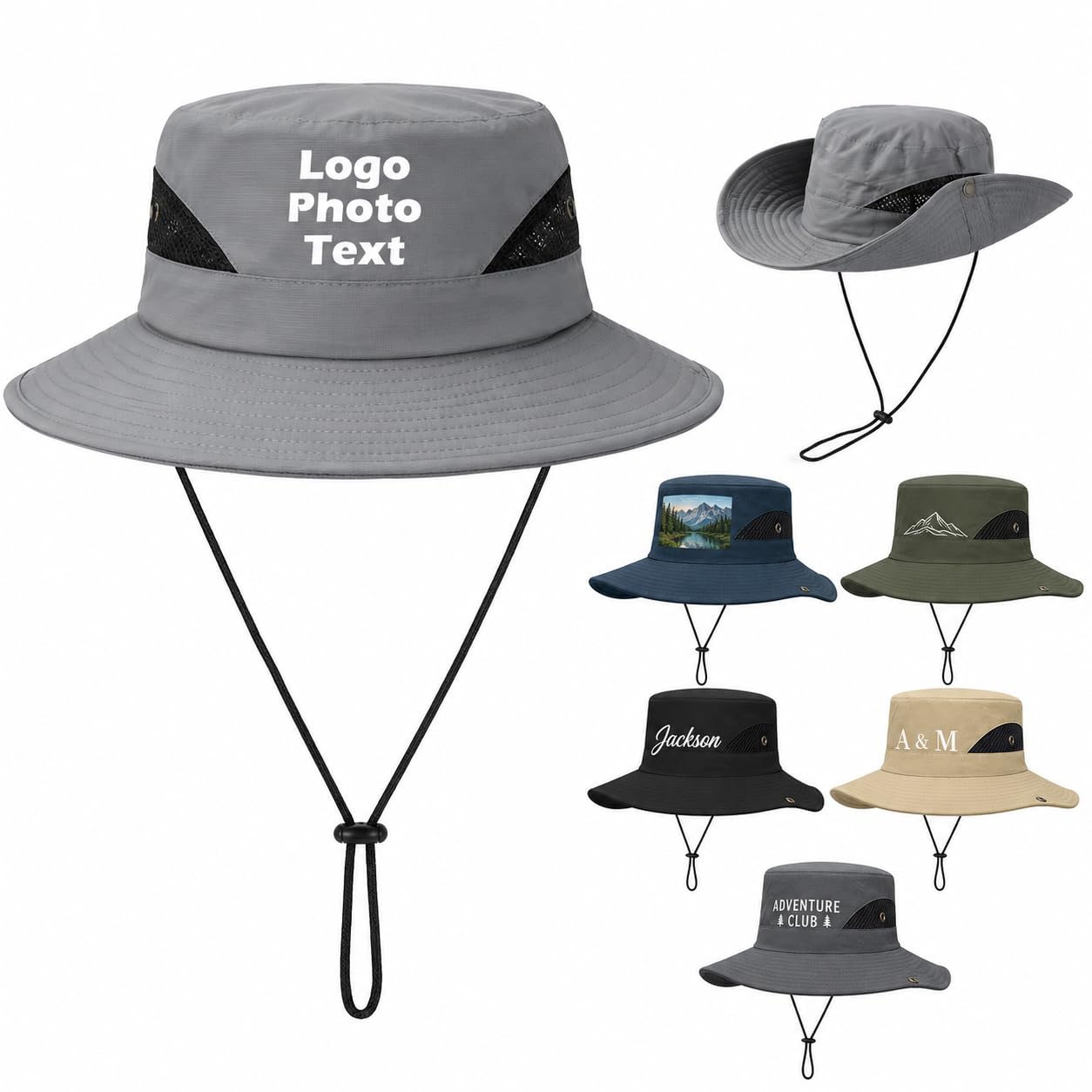 Chapeau Soleil Personnalisé Homme Femme, Large Bord UPF 50+, Chapeau Outdoor Personnalisable Photo Logo Texte, Respirant avec Cordon Réglable pour Randonnée Pêche Plage Voyage