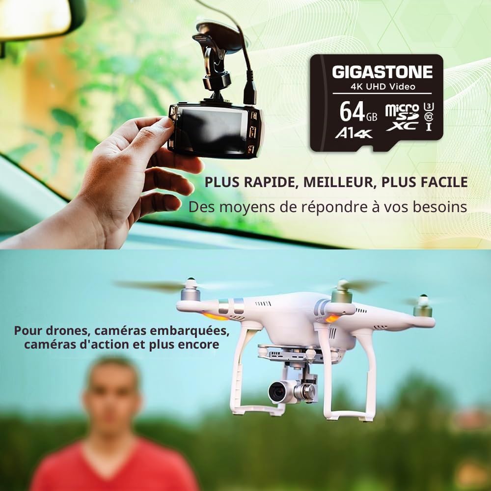 GIGASTONE Carte Mémoire 64 Go Lot de 10 Cartes, Compatible avec Gopro Drone Caméra Tablette Samsung Sony, Haute Vitesse pour 4K UHD Vidéo, A1 U3 C10 Carte Micro SDXC avec Mini étui et Adaptateur SD.