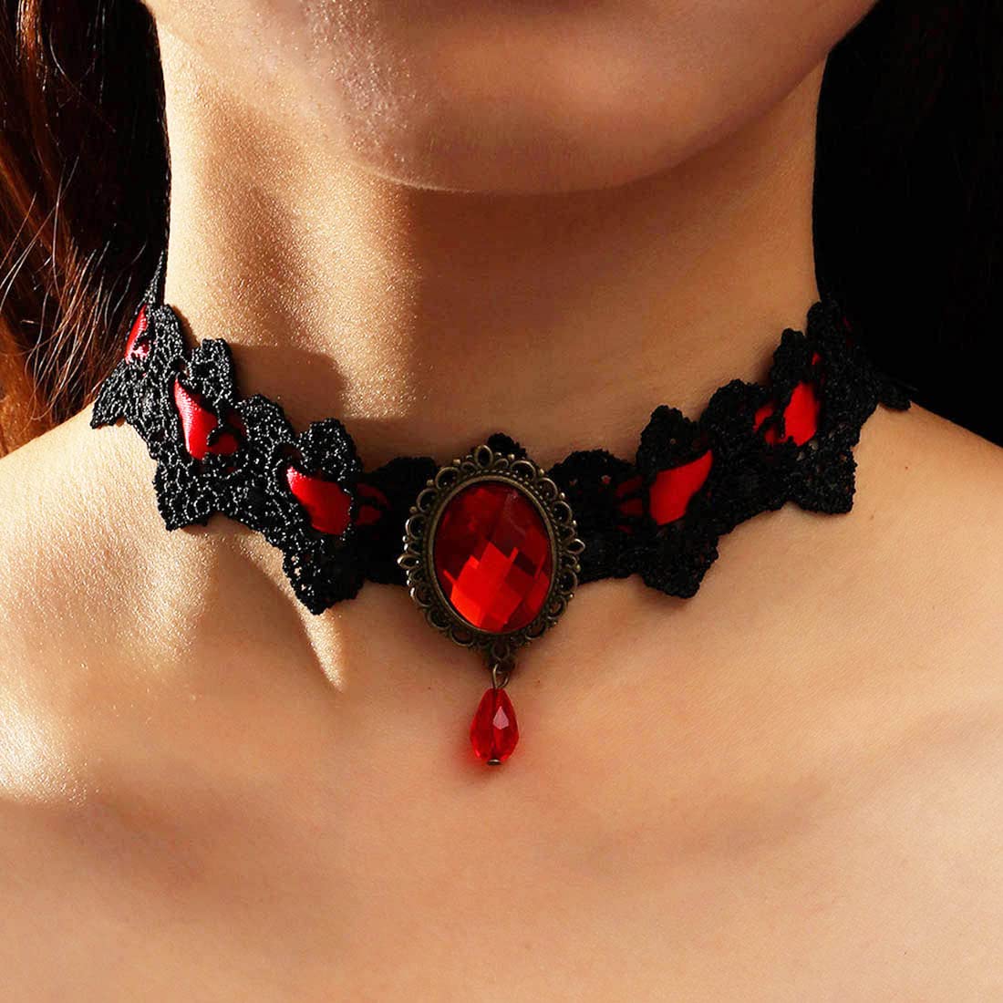Danshinbow Nero Waterdrop Strass Choker Collana di Pizzo