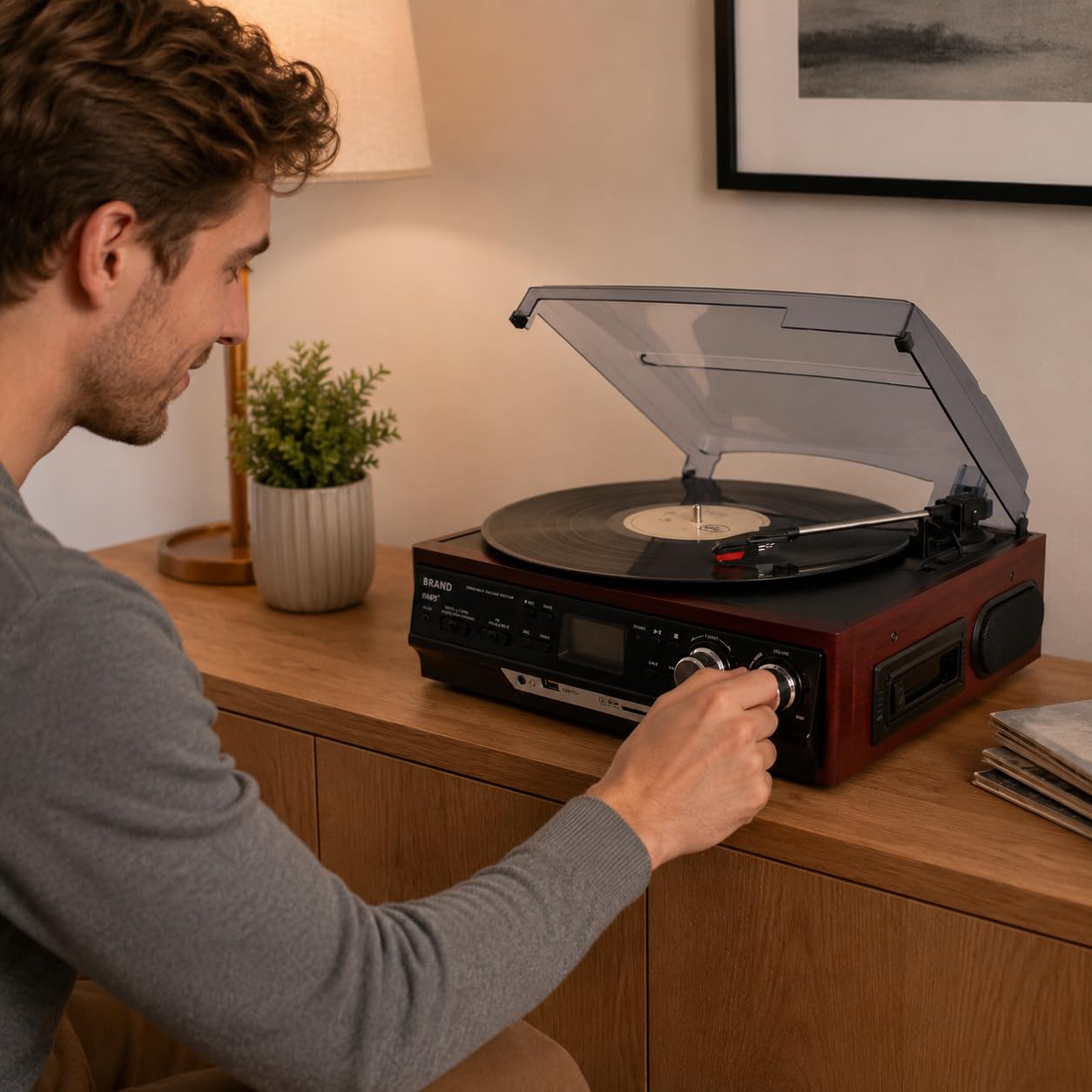 Odtwarzacz płyt vintage z radiem AM/FM, płytą CD, kasetą i głośnikami | Gramofon z trzema prędkościami z odtwarzaniem USB i nagrywaniem MP3 z winylu, płyt CD i radia FM.