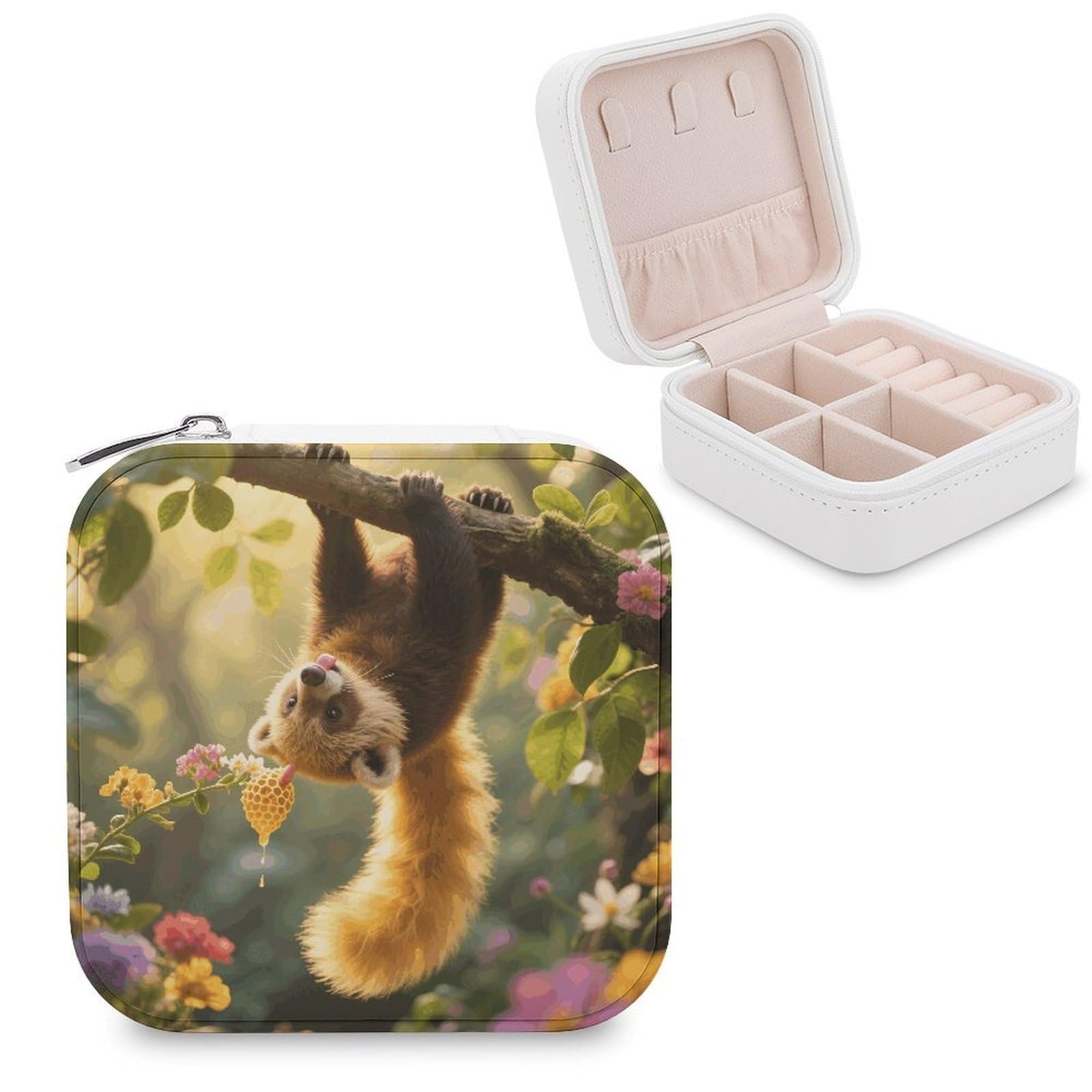 VstaDank Kinkajou Jewelry Organizer Travel Case for Women With Zipper Mini Jewelry Case PU Leather Jewelrys Box for Rings Necklaces Bracelets Earring Holder Organizer Storage