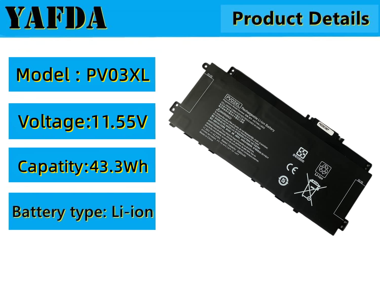 Yafda PV03XL New Laptop Battery Compatable with HP Pavilion x360 13-BB 14-DV 14M-DW 14M-DW0023DX 14-DK 15-EH Series M01144-005 PV03XL HSTNN-DB9X HSTNN-LB8S HSTNN-OB1P
