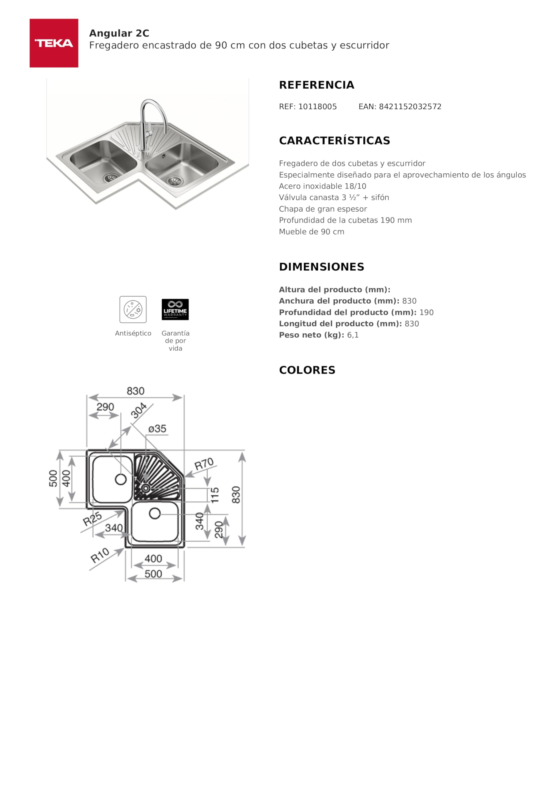 TEKA Fregadero de Dos Cubetas con Escurridor en Acero Inoxidable 18/10, Profundidad 190mm, Válvula Canasta 3 ½” + Sifón, Mueble 90cm, Modelo Angular 2C SF
