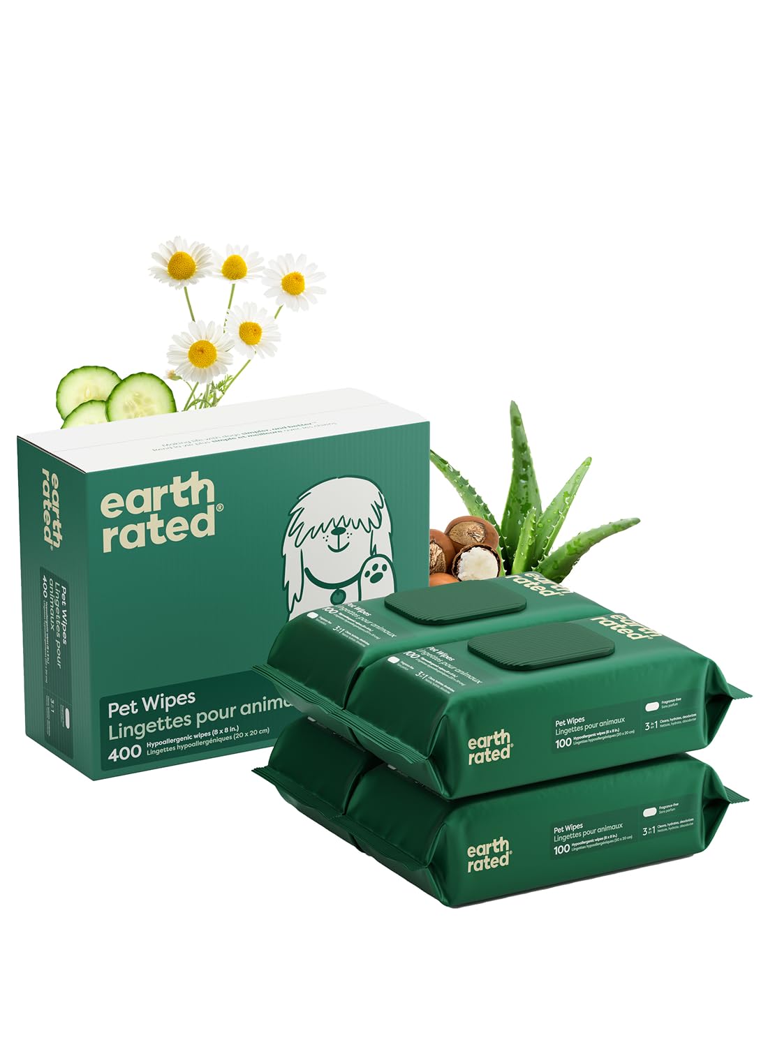 Earth Rated Pet Wipes for Dogs and Cats, Hypoallergenic, Cleaning and Hydrating, for Grooming Paws, Body and Butt, Unscented, 400 Count