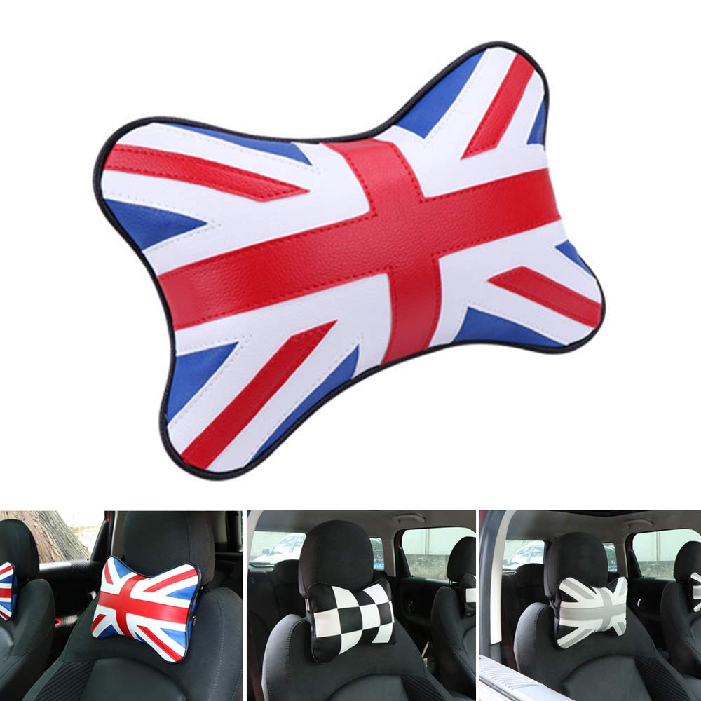 Heinmo Car Seat Headrest Cushion PU Leather Union Jack Style Bones Neck Pillow Headrest Neck Support for All Cooper Models Clubman Countryman R55 R56 R60 F55 F56 F60