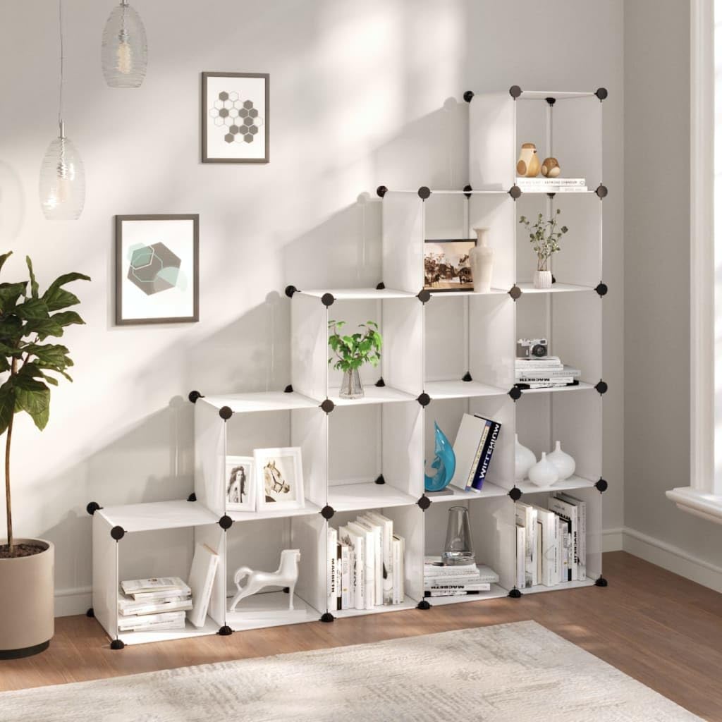 Regalsystem Würfel-Regal mit 15 Fächern, Treppenregal, Organizer für Wohnzimmer, Aufbewahrungsregal für Schlafzimmer, Badezimmer, 155 x 32 x 153,5 cm Transparent PP