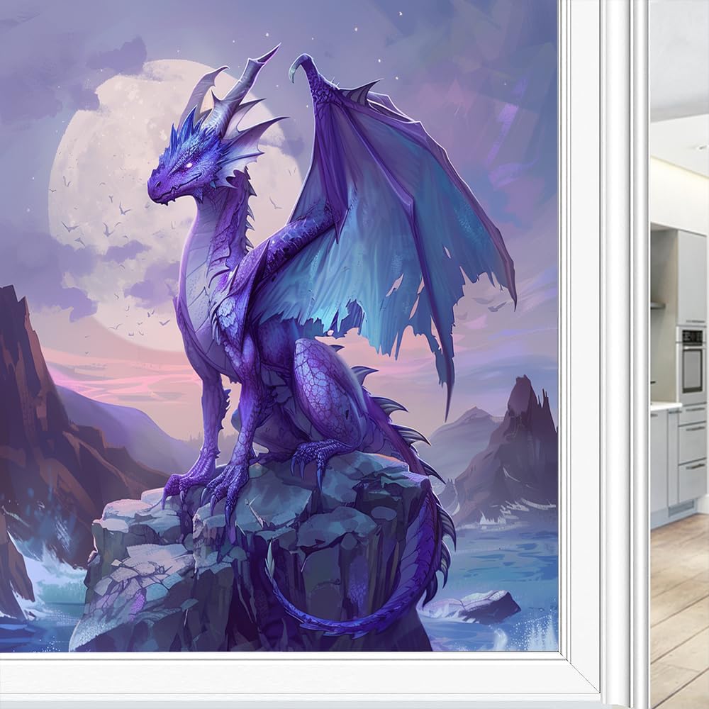 Watercolor Dragon Stained Glass Window Film, Majestic Animal Mountain Moon Decorative Frosted Glass Privacy Film, Heat Control Static Cling Window Sticker 45x60 cm