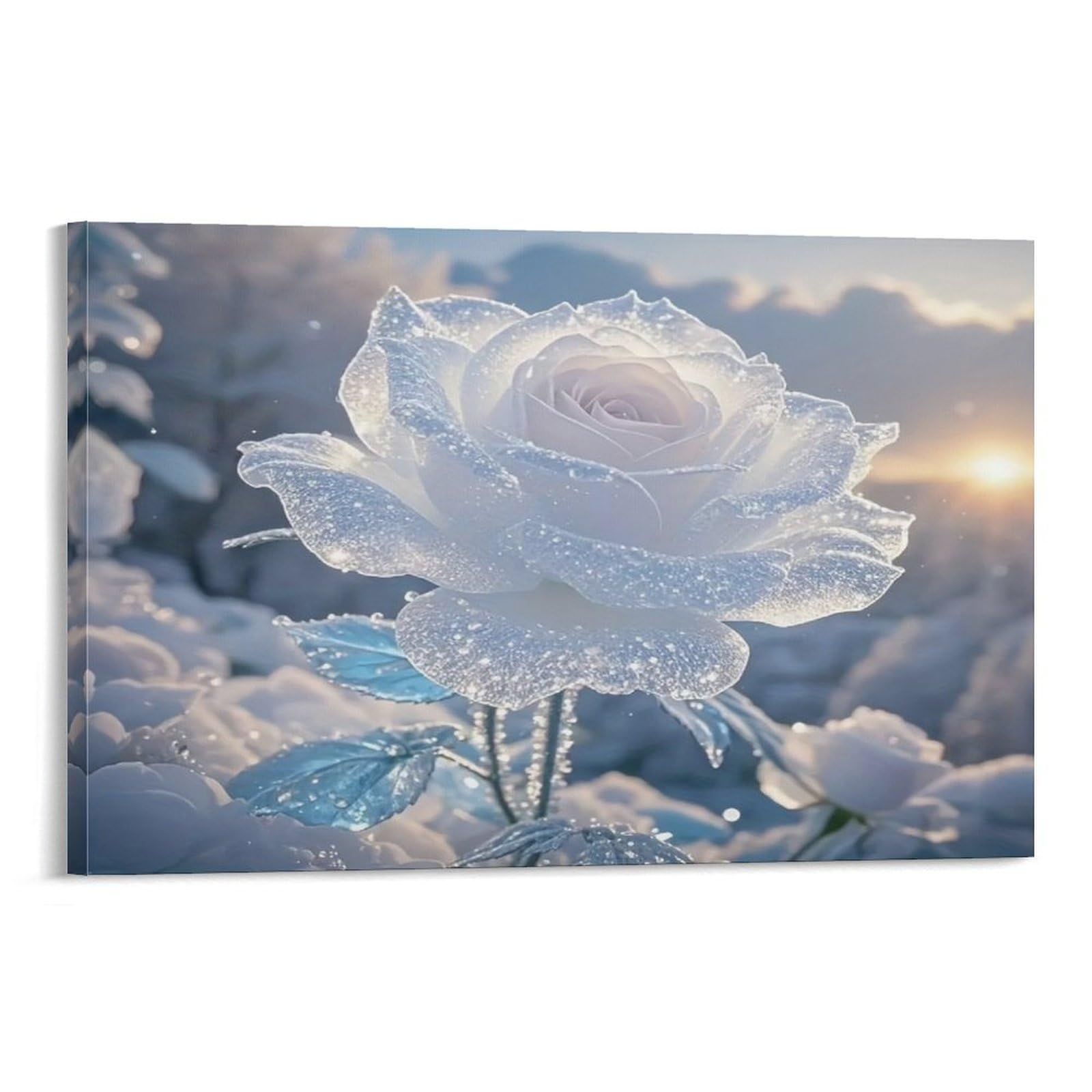 CPLVKWRQJ Snowy White Rose Single Piece Transparent Crystal Rose Soft Sunset Backdrop Framed Wall Art - Office Canvas Print Fade Resistant Wall Focal Art Decor 12x18inch(30x45cm)