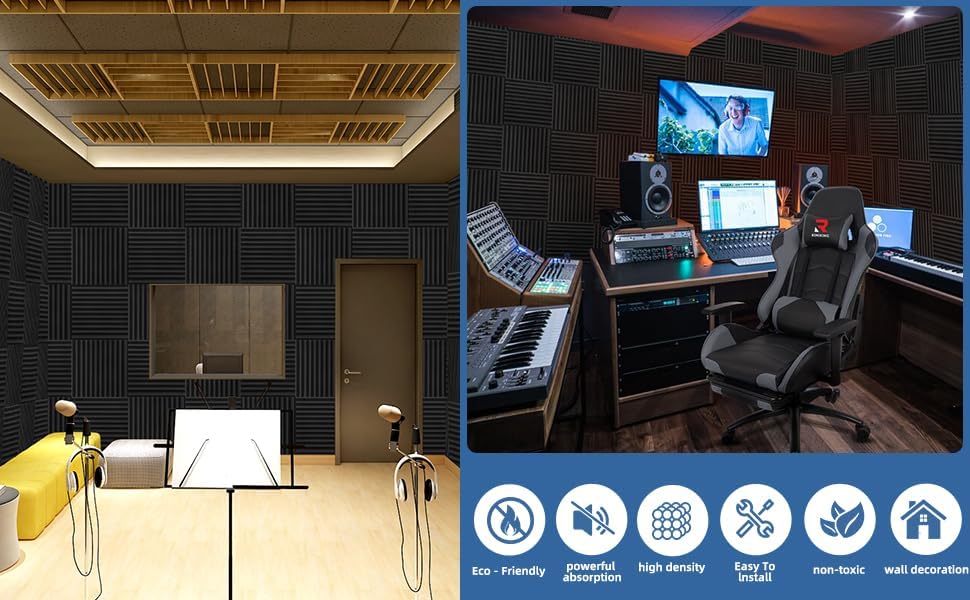 Miniatura 4 de Paquete de 100 paneles de espuma acústica, paneles de espuma a prueba de sonido de alta calidad, color negro, paneles de pared insonorizados,