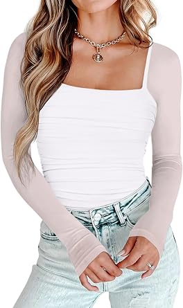 PINKMSTYLE Womens Square Neck Mesh Long Sleeve Bodysuit Sheer Mesh Top