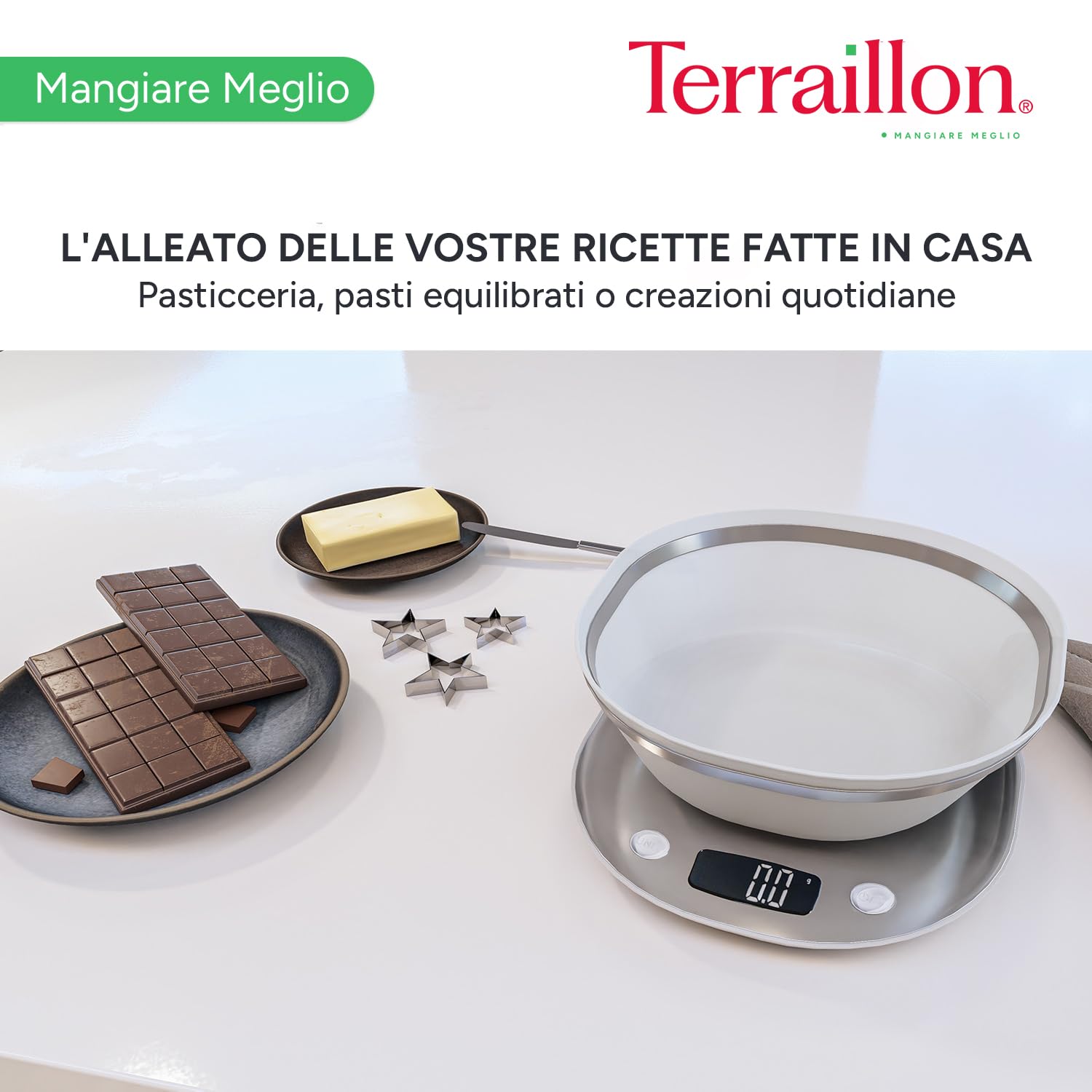 TERRAILLON - MACARON GLACEE + BOL - Bilancia da cucina elettronica, finitura inox, ciotola da 1,5 l, schermo LCD retroilluminato, maniglia integrata, capacità 5 Kg, gradazione 0,5 g/1 g, acciaio inox
