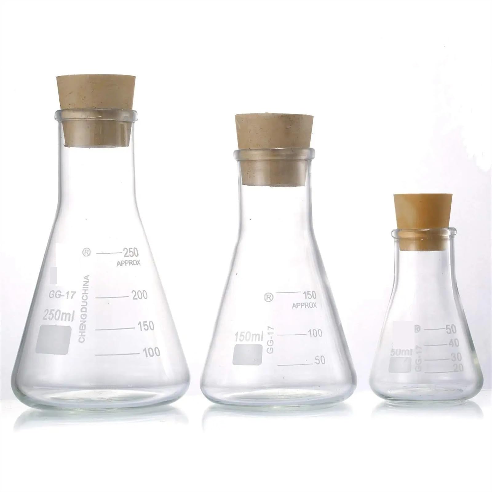 Matraz Erlenmeyer Erlenmeyer Graduado, Matraces Erlenmeyer de Vidrio borosilicato graduados de 250 ml, 150 ml y 50 ml