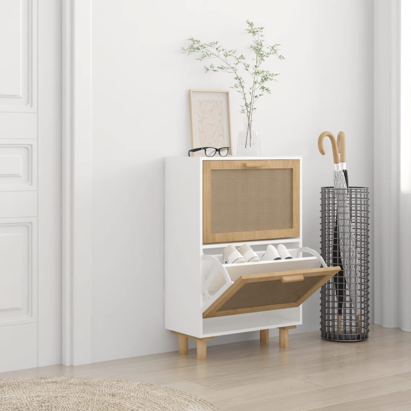 Zapatero Madera contrachapada Blanco ratán Natural 52x25x80 cm, Mueble Zapatero Estrecho, Organizador Zapatos Armario