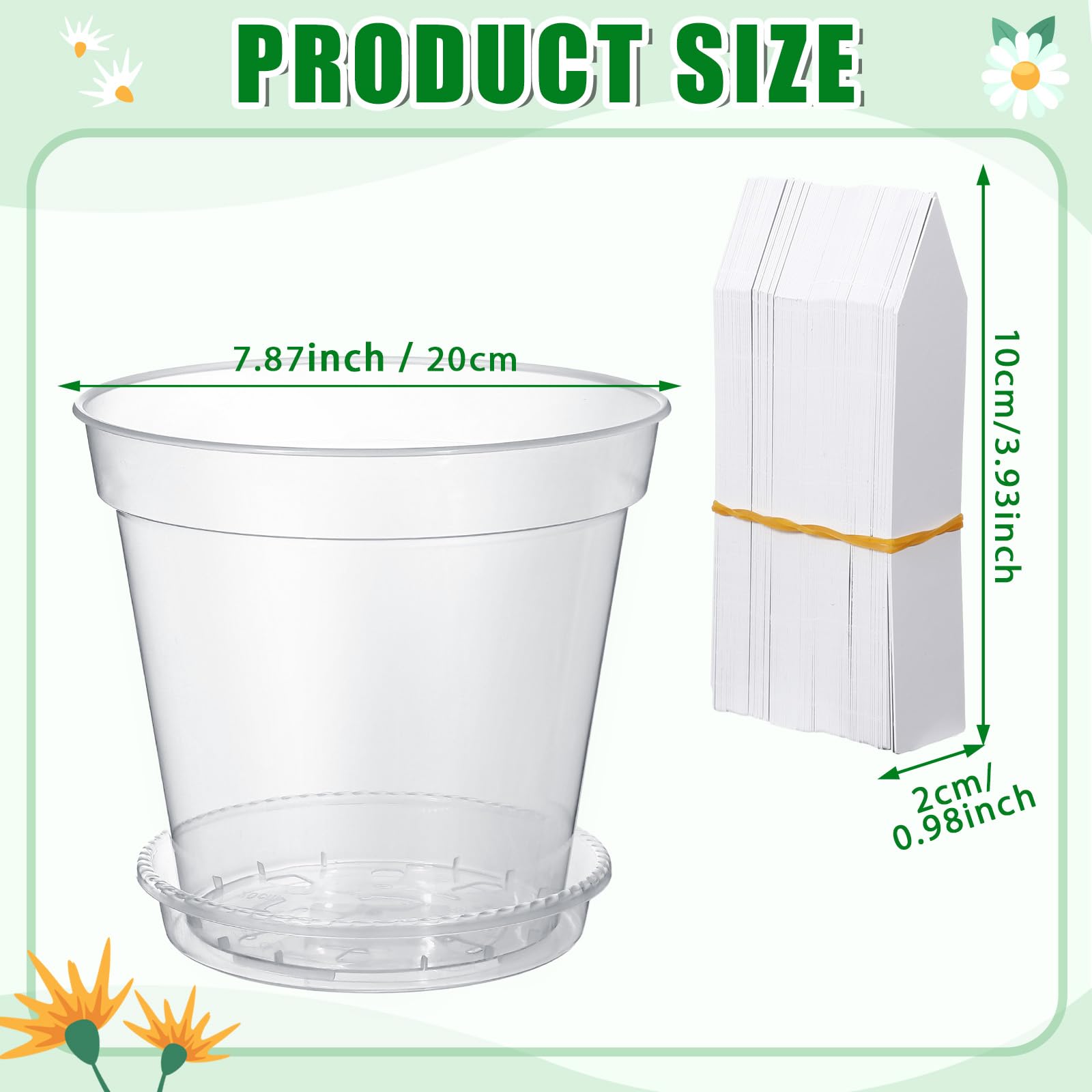 Hushee Lot de 10 pots de fleurs transparents de 20,3 cm avec 10 soucoupes et 100 étiquettes de plantes en plastique transparent avec trou de drainage et plateau d'égouttement pour herbes, fleurs,