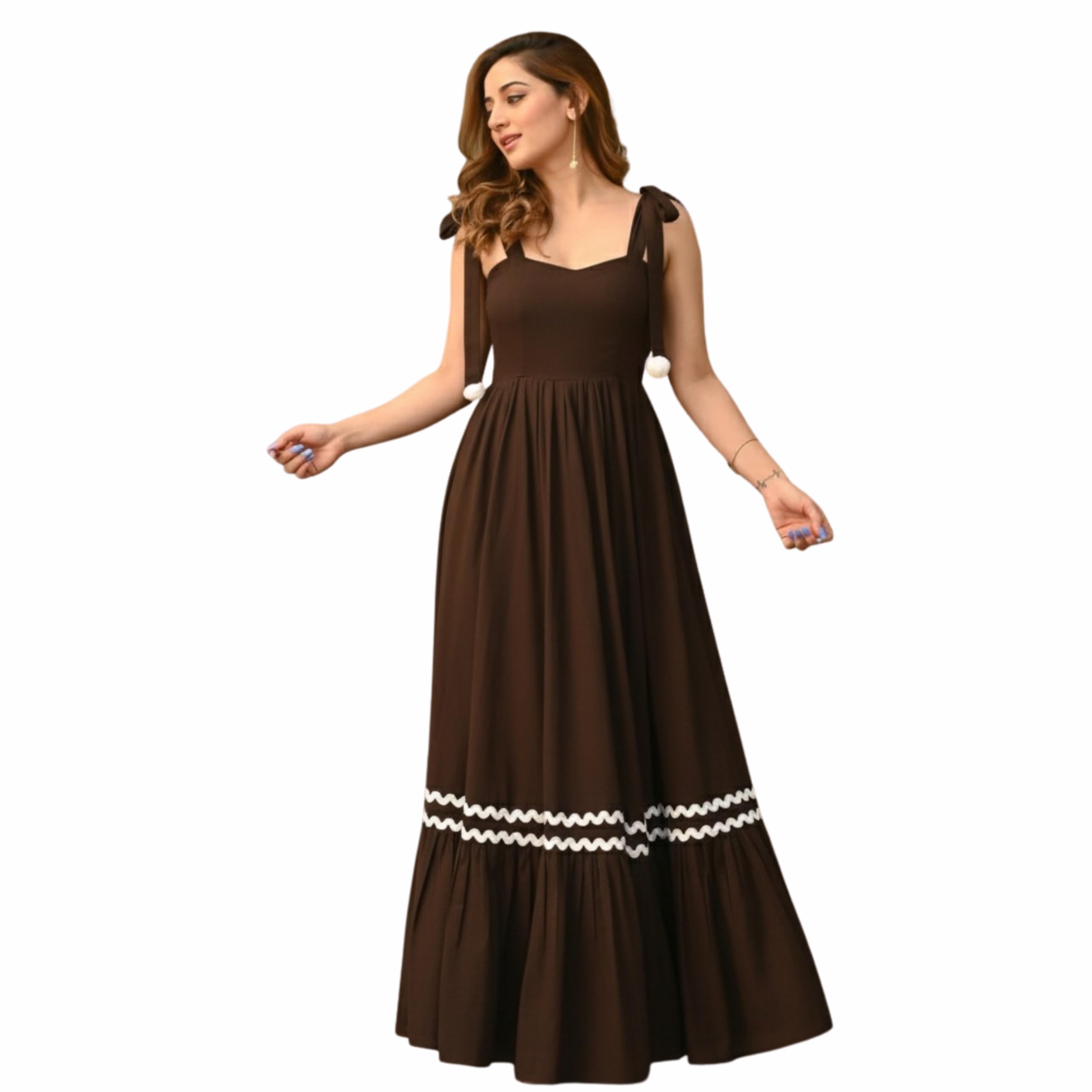 cs cloth shine CS Women's Long Maxi Gown with Shoulder Ribbon Tie-Up Dress, Stylish & Trendy - Fit and Flare Sleeveless Square Neckline Western Dress, Casual Beach Long Dress for Women-picture-55