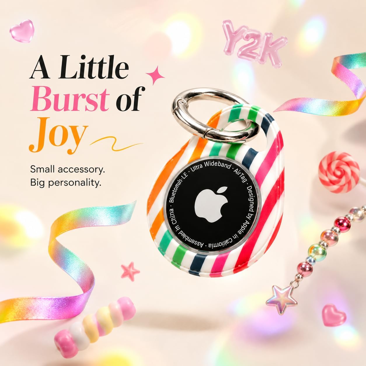 Rainbow Striped AirTag Holder – Durable Hard Shell Case with Key Ring, Unobstructed Speaker Opening, Full Access to AirTag Sound