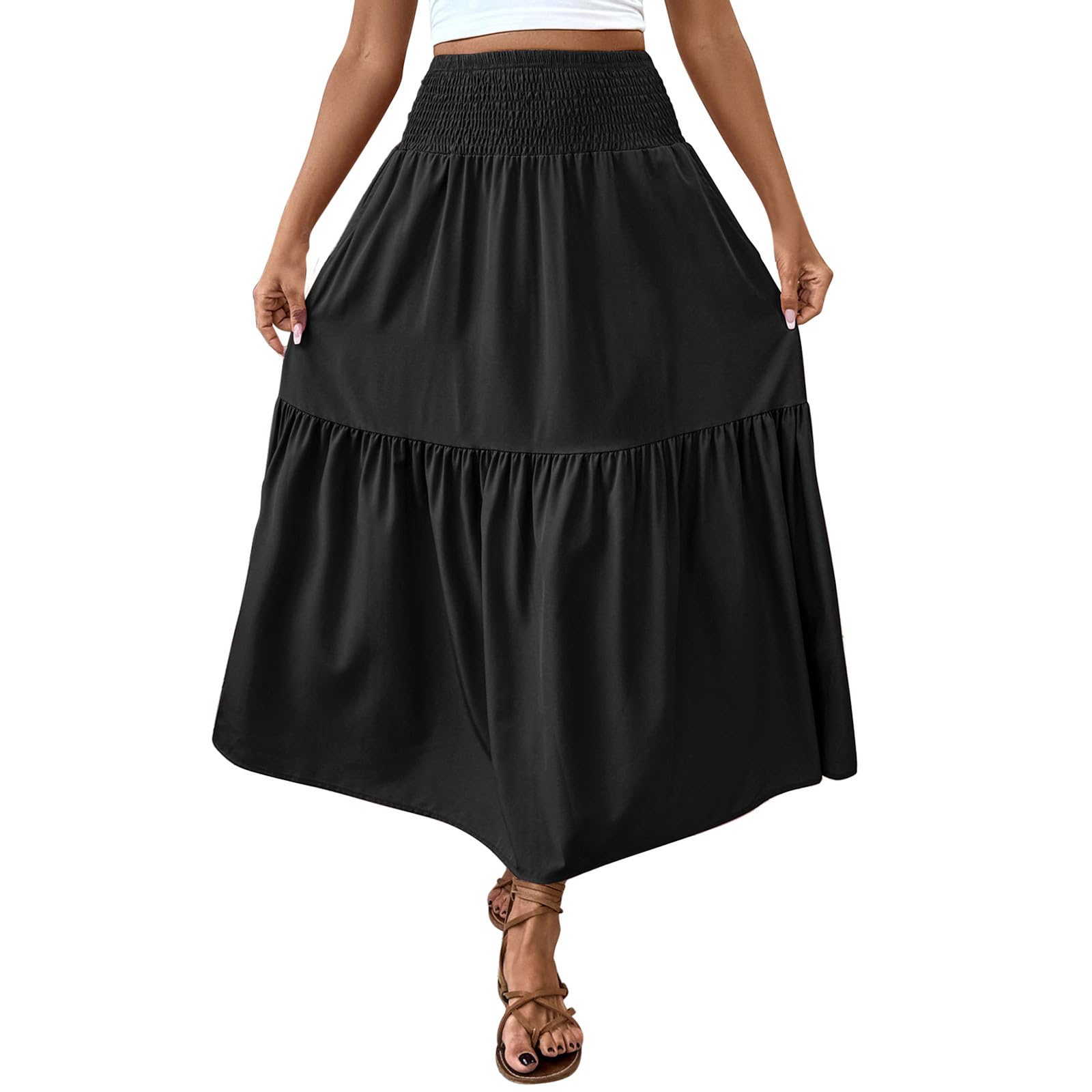 Women’s Tiered Long Skirt Dress Summer Elastic High Waist Pleated A-Line Maxi Skirts Boho Flowy Swing Beach Skirt Black