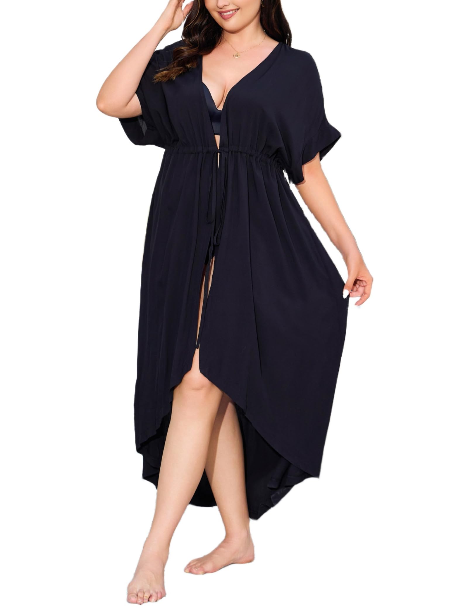 IN'VOLAND Women Plus Size Long Cover up Stripe Bikini Coverups Kimono Tie Front Bathing Suit Swimsuit Beachwear, Black, 18W