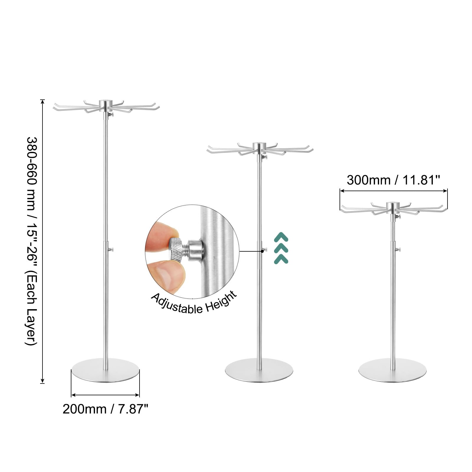 uxcell Keychain Display Stand, 1Pcs - Metal 1-layer Rotating Jewelry Display Stand with 8 Hook, Adjustable Display Rack for Necklace Craft Shows (Silver)
