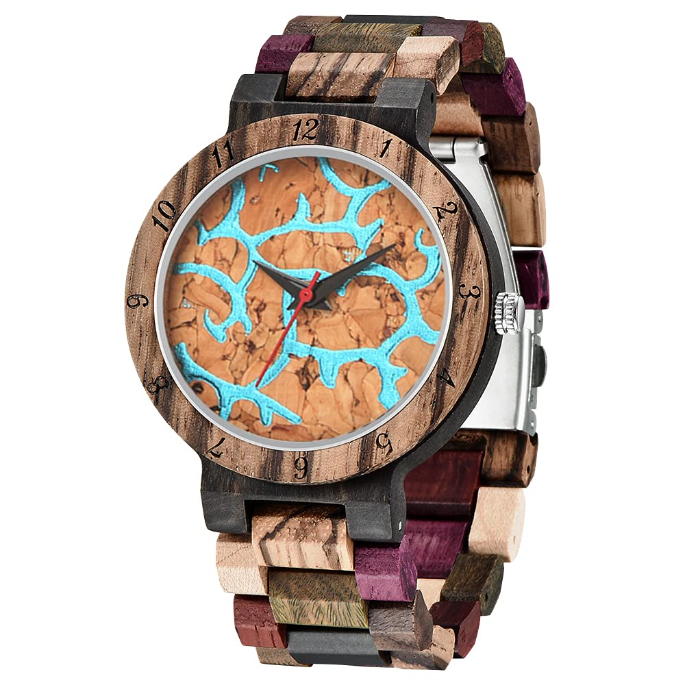Tiong Herren Holzuhr Analog Quarz mit Braunem Karomuster Hol