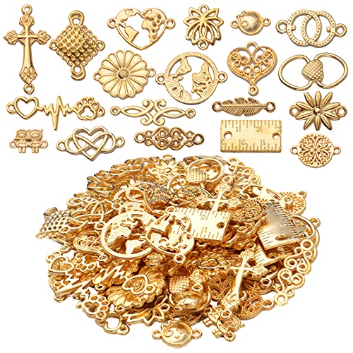 100g Gold Plated Jewelry Charms Connectors, Flower Leaf Heart Round Ruler Charm Pendant Connectors Bracelet Charm Connector for DIY Jewelry Making Accessory
