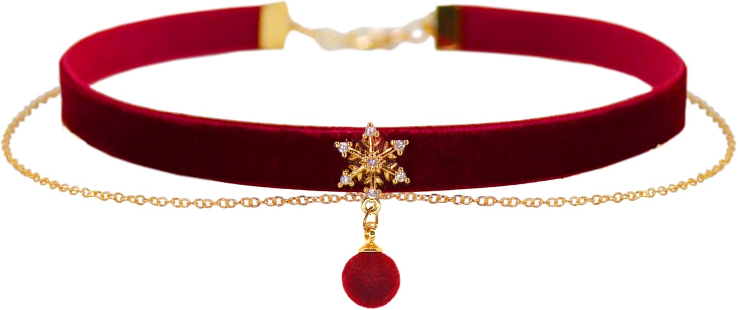 MOMOCAT 14K Gold Plated Snowflake Red Velvet Ball Pendant Double Layered Choker Necklace for Women 90s Chokers Cute Goth Chocker Costume Chockers Holiday Accessories