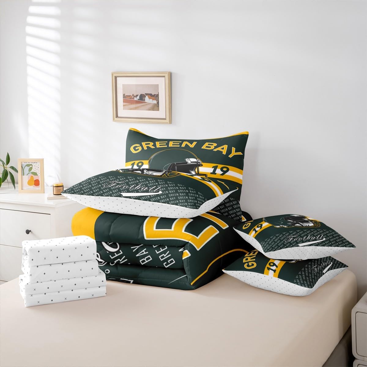 Feelyou Football Comforter Set with Sheets 7 Piece Full Size Green Bay Bed in a Bag Kids Boys Girls Football City Bedding Set Sports Games Bedroom Decor Breathable Soft Lightweight Microfiber