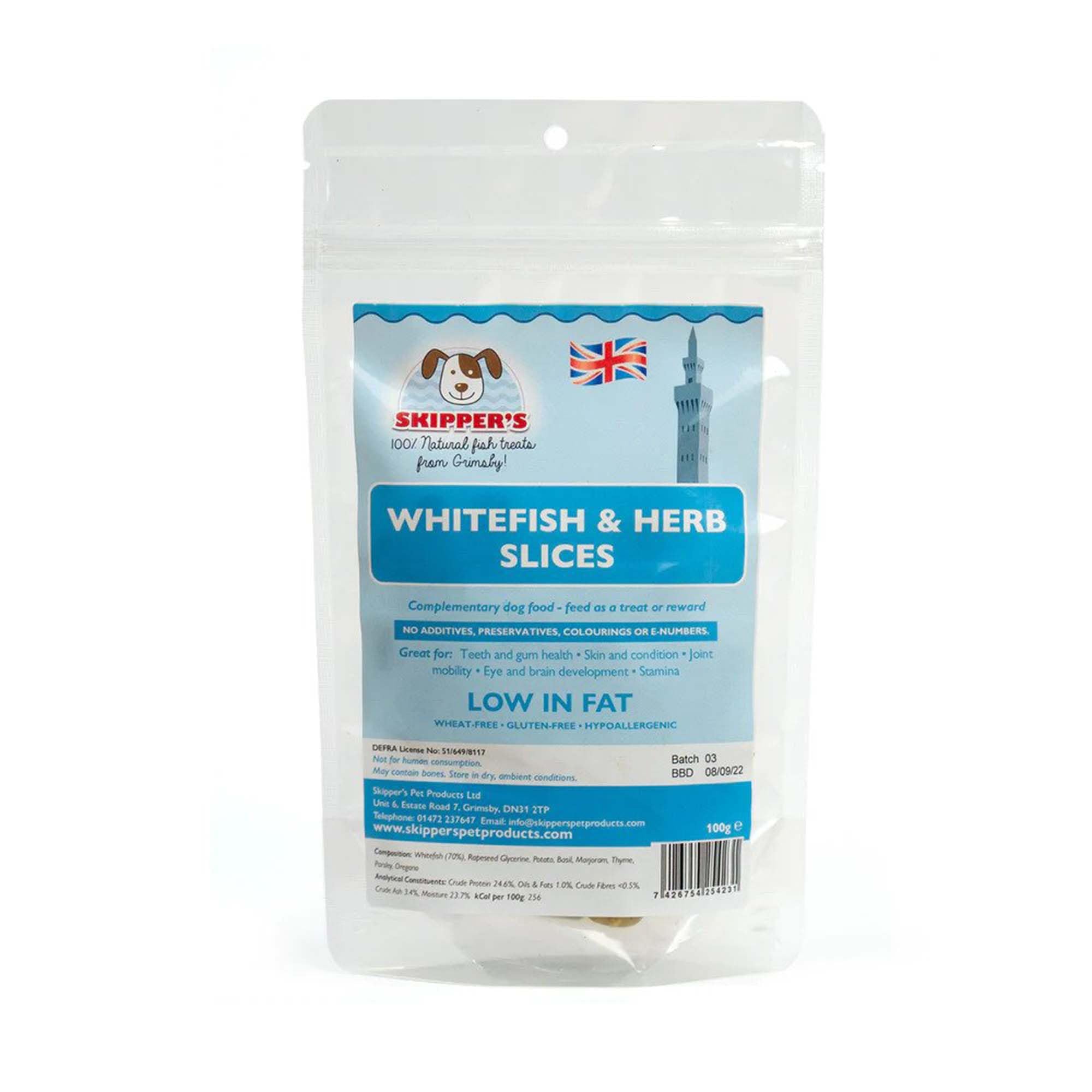SKIPPER'S White Fish & Herb Slices - Wheat & Gluten Free, Essential Source of Omega 3 Oil, Low Fat & Hypoallergenic Natural Dog Food, Great for Skin & Teeth | 500g