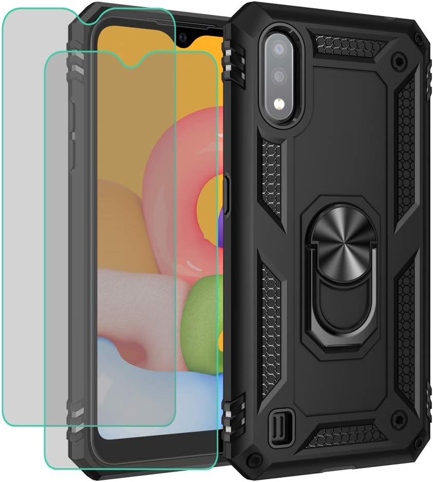 Rebex Compatible with Samsung Galaxy A01 Case Cover, with Tempered Glass Screen Protector [2Pack], Tough Heavy Protective Ring Kickstand Holder Grip Magnetic Metal Heavy Duty Shockproof (Black)