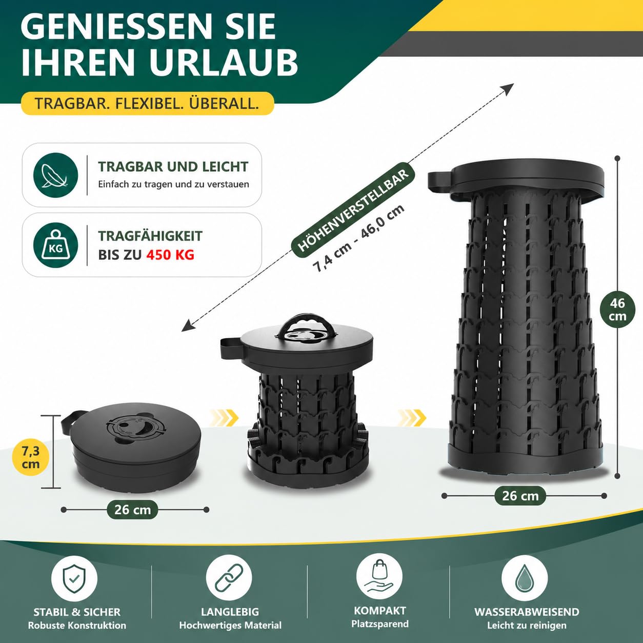 Mini sgabello telescopico pieghevole portatile pieghevole e regolabile in altezza 7-45 cm per adulti, resistente, portata 250 kg, ultralight, ideale per campeggio, pesca, viaggi, escursioni, barbecue
