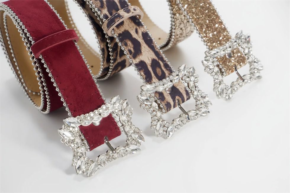 Pohullan Women Rhinestones Buckle Pu Belt Adult Waistband Dress Pants Formal Occasion Accessories3