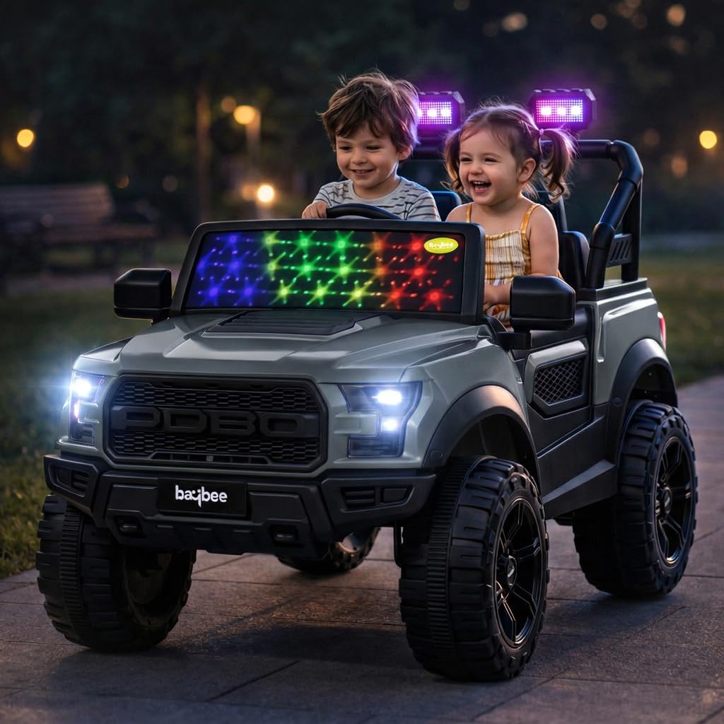 Baybee POBO Battery Operated Jeep for Kids with Parental Control | Rechargeable Electric Ride on Toy Car with RGB Lights & Music | Baby Electric Battery Car for Kids 3 to 8 Years Boys & Girls (Grey)