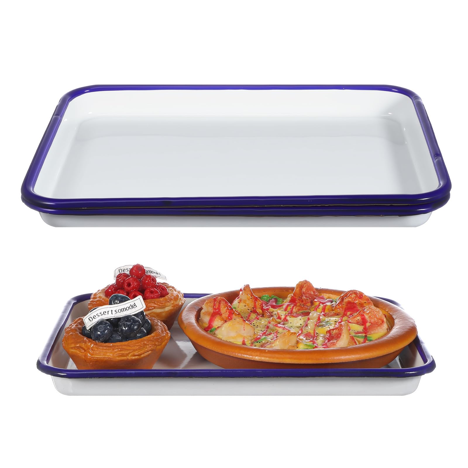 POPETPOP Enamel Baking Tray Set 2×27×19 cm – White Steel with Blue Rim, Scratch-Resistant Oven Dish for Roasting & Serving, Lightweight Camping Cookware