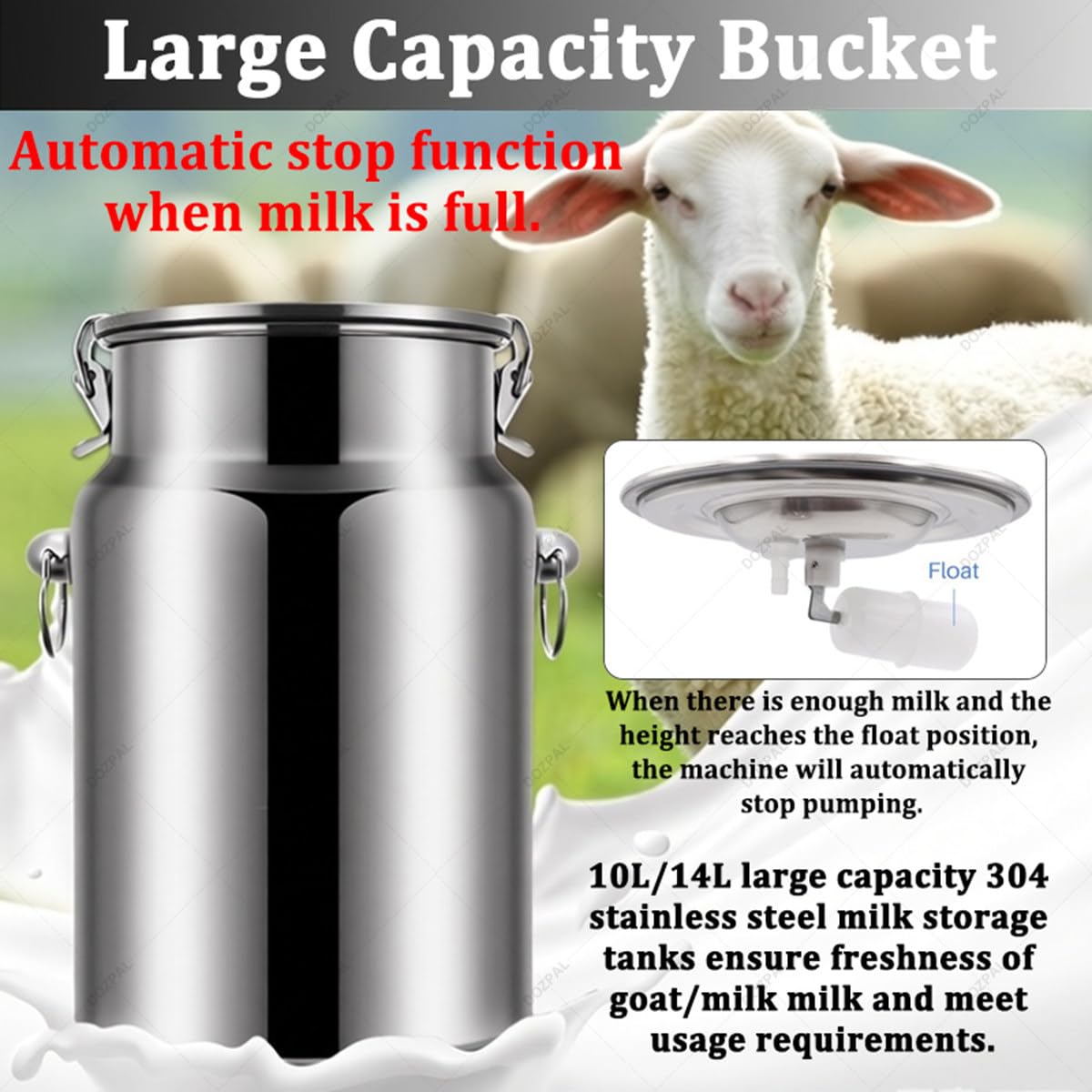 Mungitrice per Mucche e capre, mungitrice Domestica a Doppia Testa con Secchio in Acciaio Inox da 10L/14L, Funzione di Arresto Automatico, mungitrice elettrica a pulsazione Portatile Cow-10L