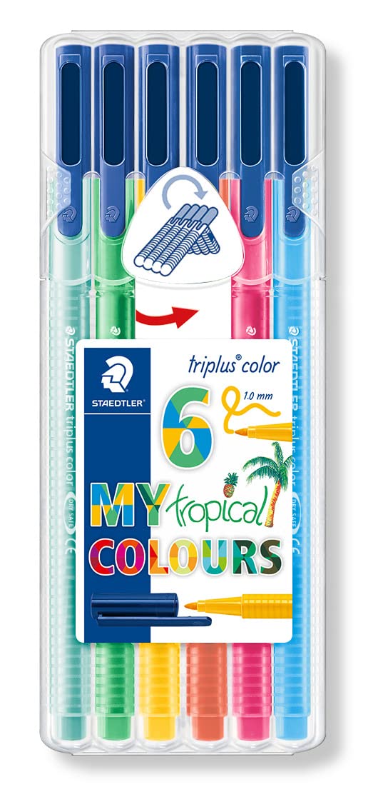 STAEDTLER 323 SB6CS4 triplus kolorowe flamastry (ergonomiczny trójkątny kształt, stabilna końcówka, łatwe do mycia, etui z 6 różnokolorowymi malowaniami My tropical colours, szerokość kreski 1,0 mm)
