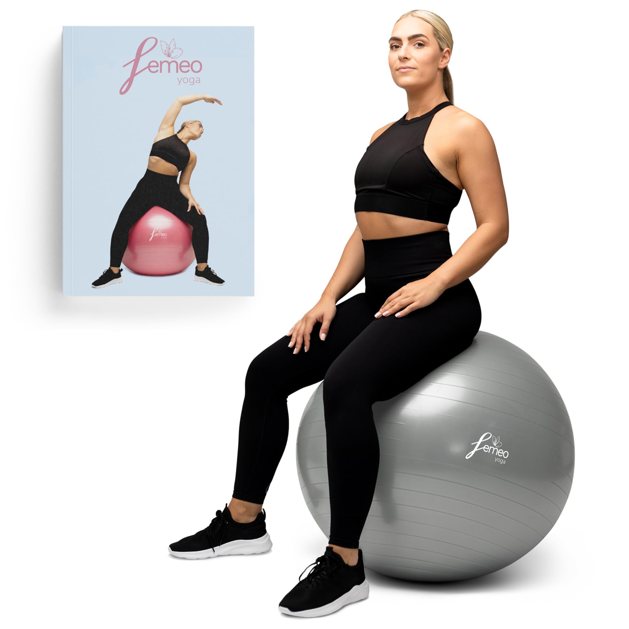 Femeo® Exercise Ball for Yoga, Stability, Pregnancy Pilates & Birthing | 100 Page Book | Over 50 Workout Exercises | Anti Burst 55cm, 65cm, 75cm
