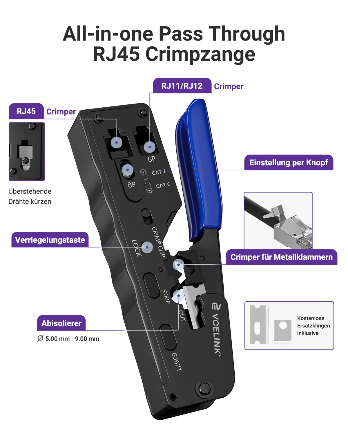 VCELINK GJ671BL Pinza Crimpatrice Professionale per Connettori RJ45, RJ12 e RJ11 con Connettori RJ45 Passante Cat7,Cat6A