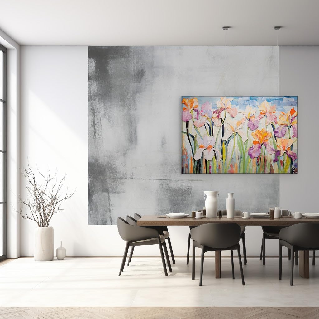 Canvas for Living room. Blooming Irises in Oil A Dance of Color and Texture Against the Sky, 27 x 18 inch Canvas Wall Art - Contemporary Masterpieces - Modern Home Decor - 69x46 cm (27x18 inch)