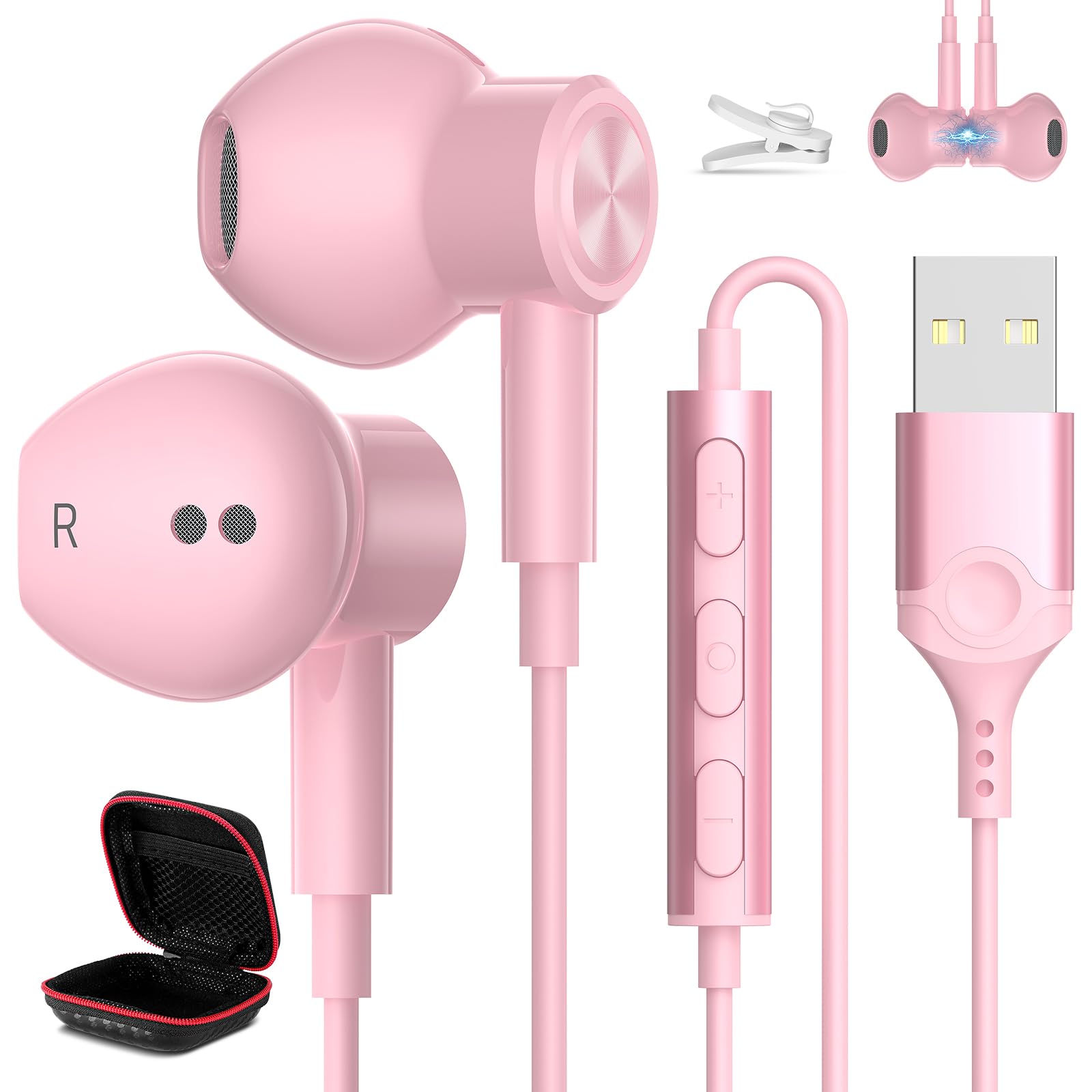 HGCXING USB Headphone for PC Laptop Magnetic 7.5ft Wired Earbuds for PS5 PS4 Computer Headset with MICR Control Mute Noise Isolate Cord in-Ear Gaming Earphone for MacBook Pro Office Work School Zoom-picture-10