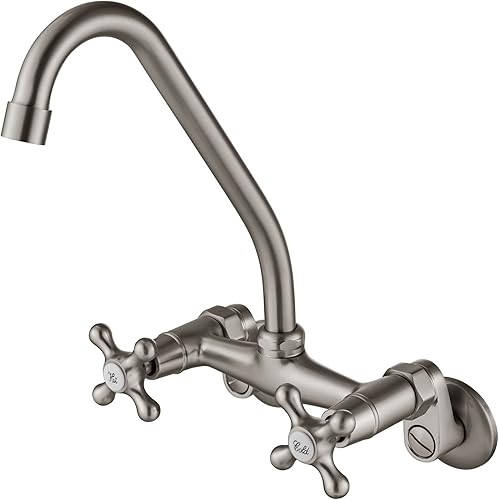 Miniatura 1 de Aolemi Grifo de cocina de montaje en pared, centro de 6 pulgadas con caño giratorio, extensión ajustable, 2 manijas cruzadas, lavabo, mezclador,