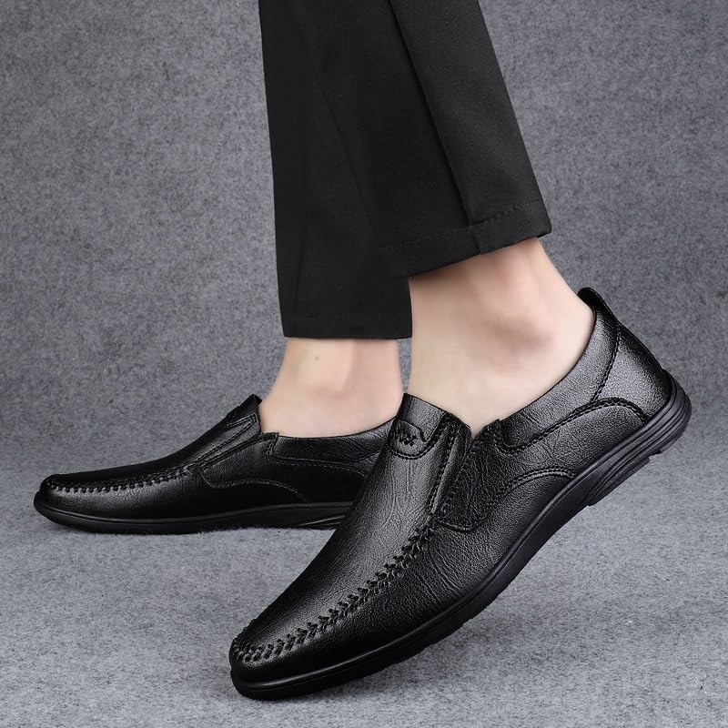 Mens Loafers Shoe Solid Color Round Toe Leather Loafers Flexible Anti-Slip Lightweight Casual Prom Slip-ons4