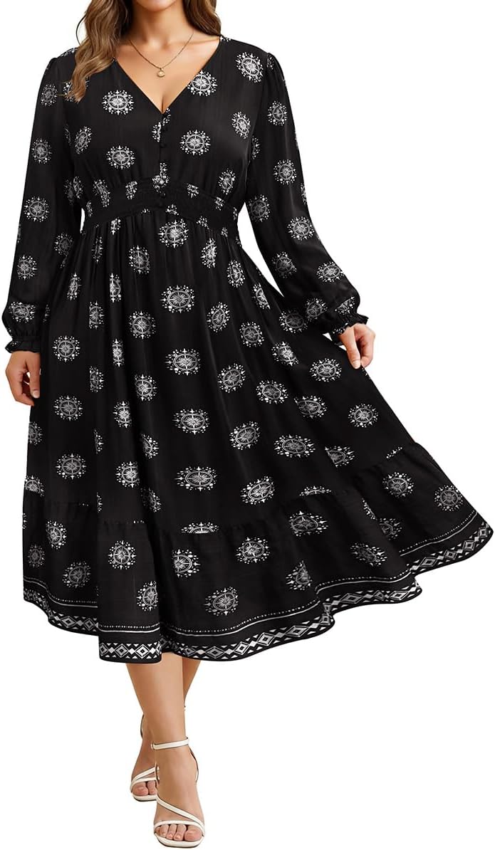 CARCOS Women's Plus Size Boho Floral Fall Dress Long Sleeve V Neck Wedding Guest Cocktail Party Flowy Midi Dress XL-5XL