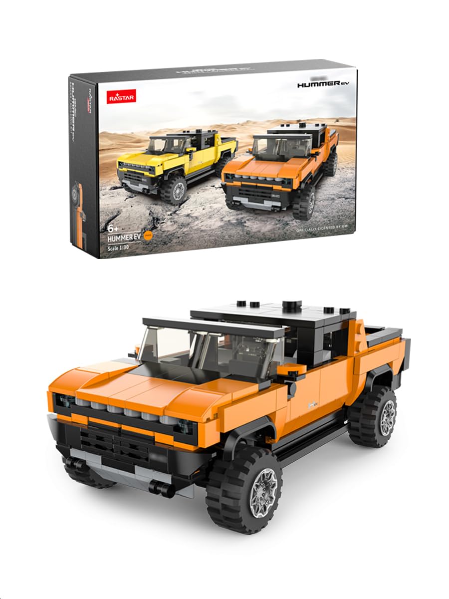 ด้านหน้าและด้านหลัง view of the assembled RASTAR 1:30 Hummer EV brick car in yellow.