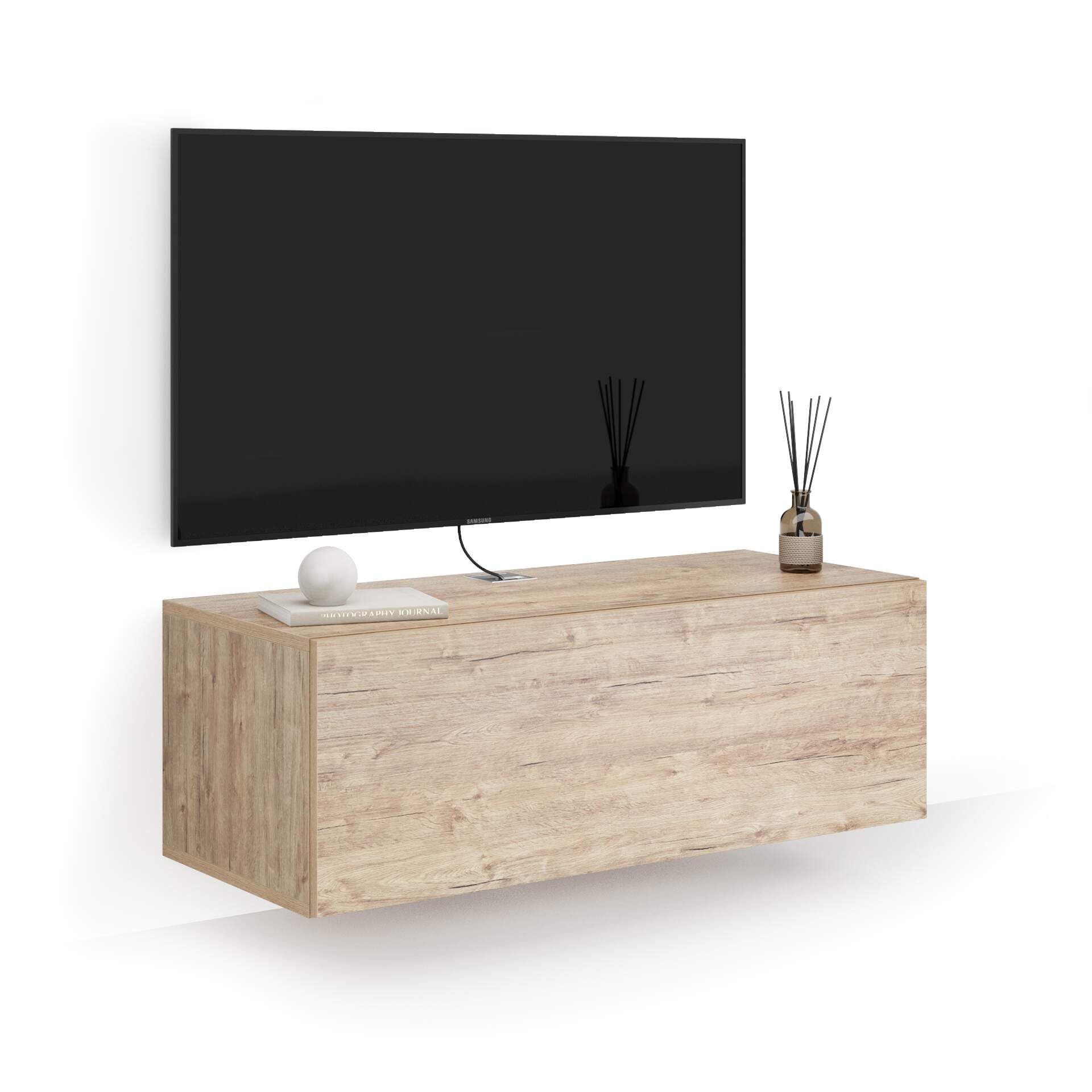 scaffale tv in legno scuro con cassettiera adesa muro
