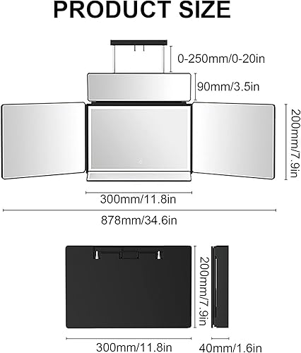Miniatura 2 de Espejo de 3 vías para corte de cabello propio, espejo de 360 con luces LED, espejo triple de brillo ajustable con ganchos telescópicos ajustables de