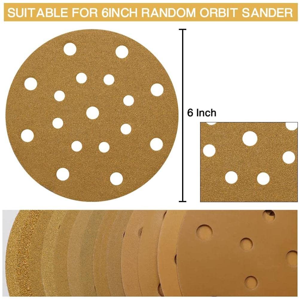 Disco de lijado de 50 piezas de 6 pulgadas y 17 orificios, grillete de grano 60-2000, papel de lija seco húmedo para lijadora orbital aleatoria, carpintería, 240