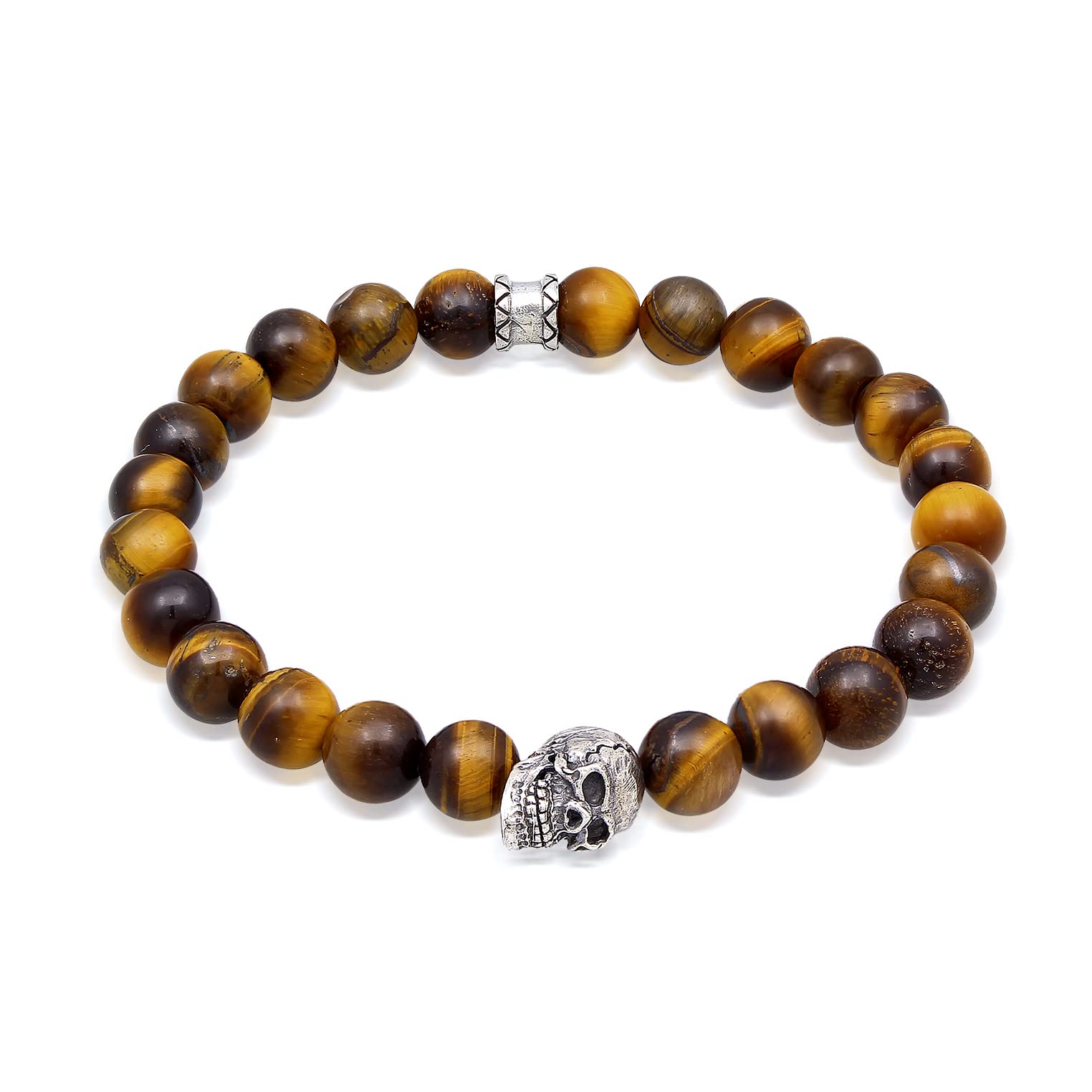 Kuzzoi Buddha 0207311322 - Bracciale da uomo con occhio di tigre, perle con teschio in argento sterling 925, Chakra, braccialetto energetico, lunghezza 19 – 23 cm, elastico, 0207311322