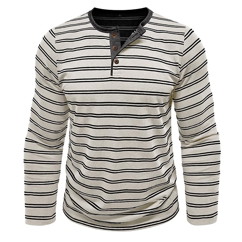 Mens Henley Shirts Casual Striped Long Sleeve Cotton T-Shirt Basic Button Lightweight Crewneck Pullover Tees Tops2